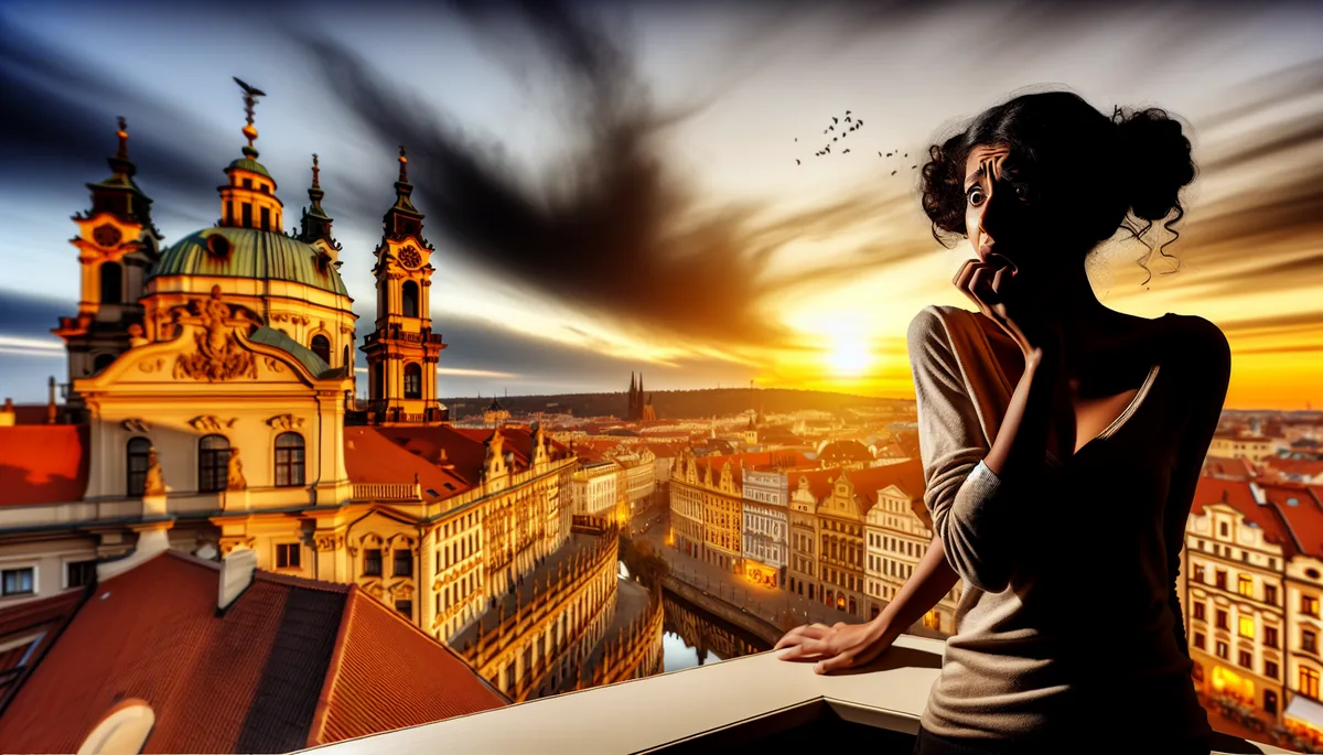 Silhouette of a traveler on a hotel balcony overlooking a beautiful European city at sunset, representing the hidden costs that can surprise travelers abroad