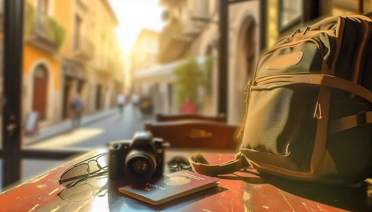 A traveler's backpack and passport on a wooden cafe table with warm morning sunlight and blurred European street scene in the background
