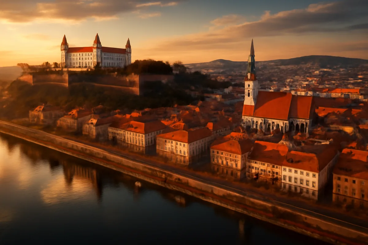 Aerial panoramic view of Bratislava old town and castle overlooking the Danube River at golden hour, with warm amber light illuminating the historic rooftops and skyline.