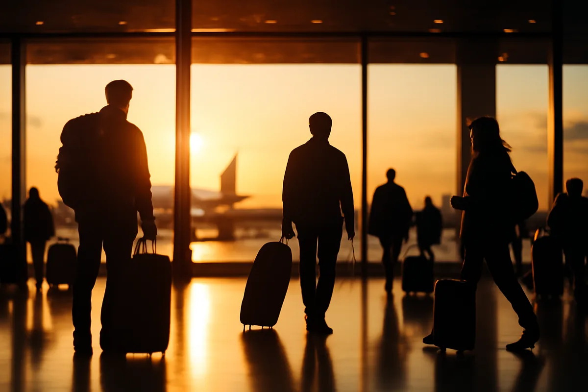 Busy airport departure terminal with travelers and luggage silhouetted against large windows showing aircraft on the tarmac at golden hour