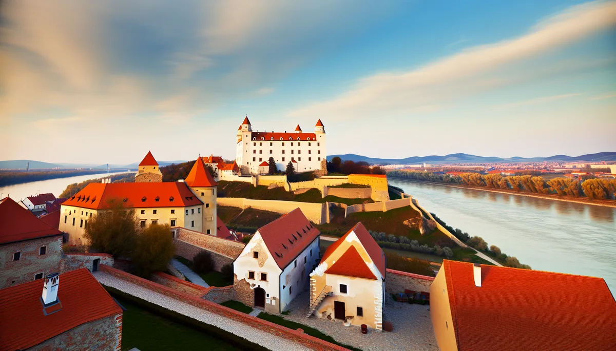 Scenic view of Bratislava Castle and the Danube River at golden hour, showcasing Slovak architecture and landscape