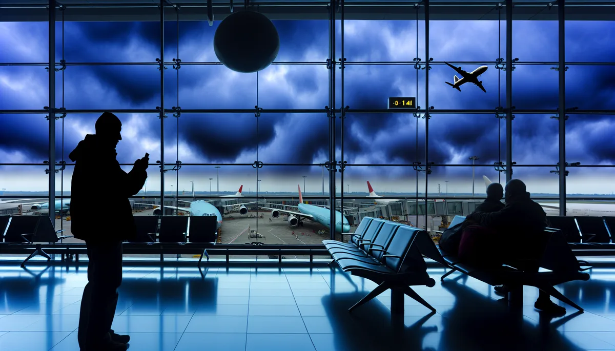 Silhouette of a traveler standing at an airport gate with stormy skies visible through large windows, conveying travel anxiety and potential problems