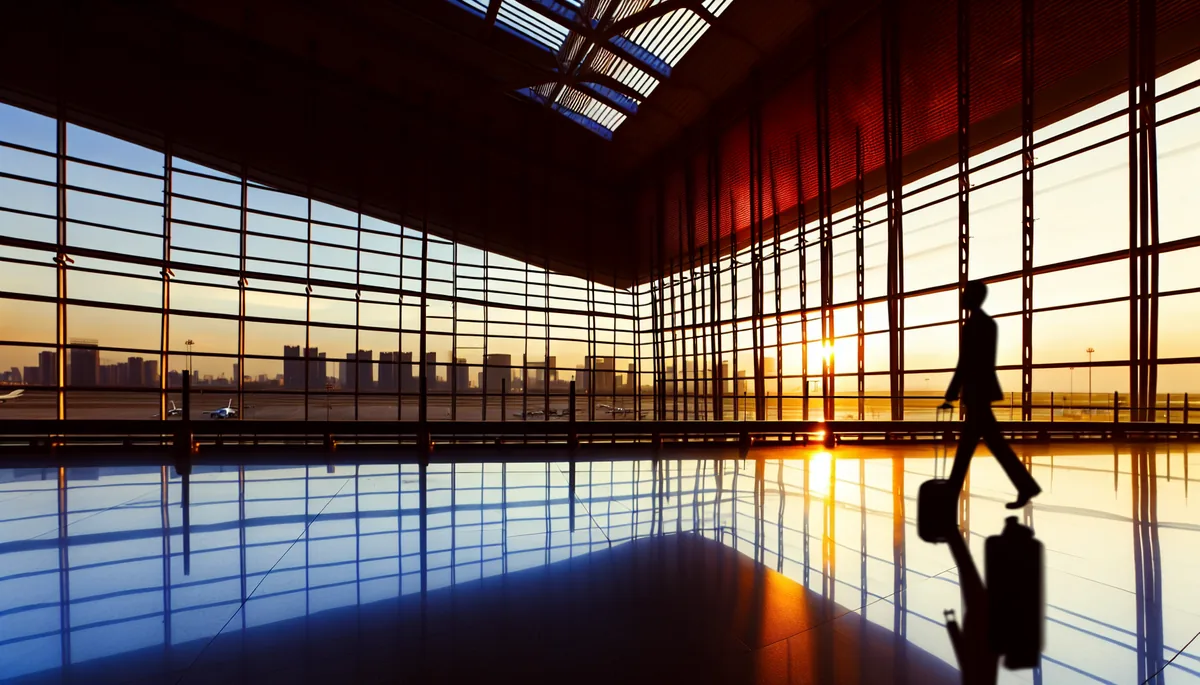 Silhouette of a business traveler walking through a modern airport terminal with large windows showing city skyline at golden hour