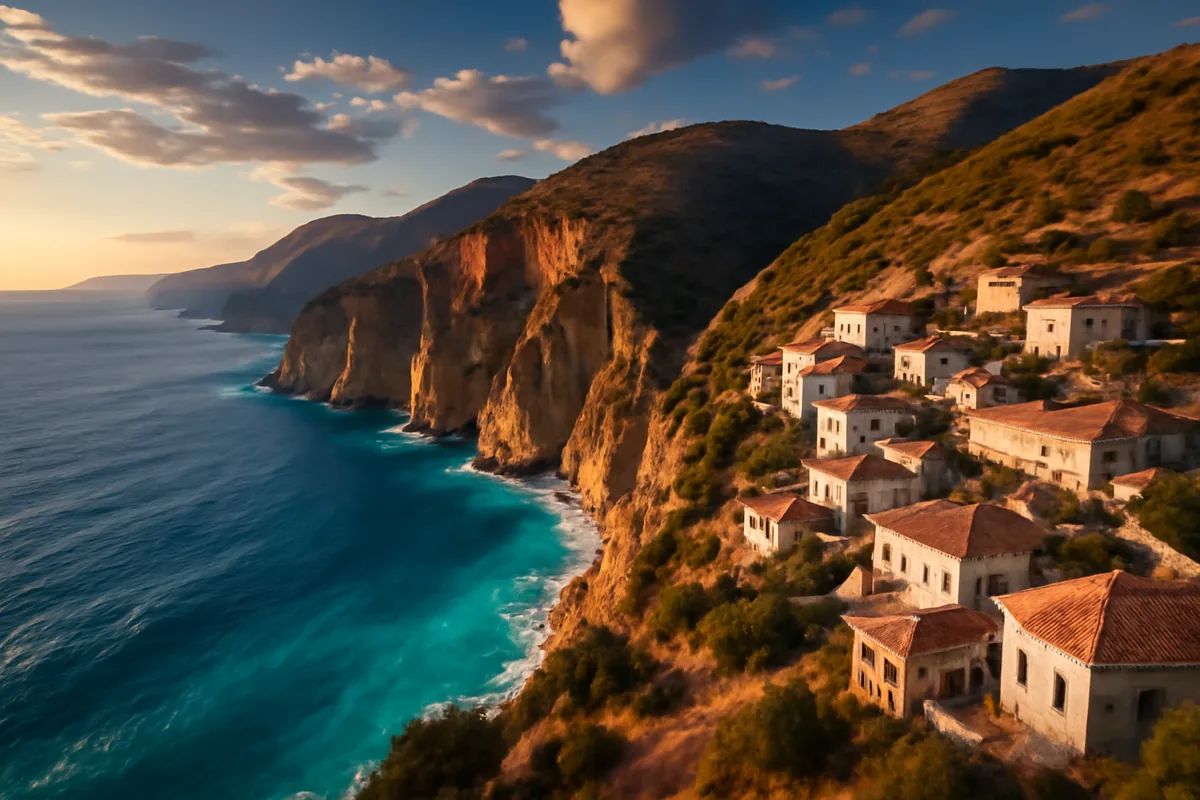 Panoramic view of the Albanian Riviera coastline with turquoise waters, limestone cliffs, and a traditional hilltop village bathed in golden hour light