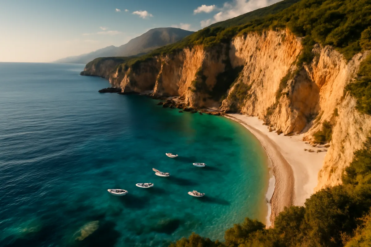Panoramic view of the Albanian Riviera coastline featuring turquoise Ionian Sea waters, dramatic limestone cliffs, and a secluded pebble beach with traditional fishing boats under warm golden sunlight.