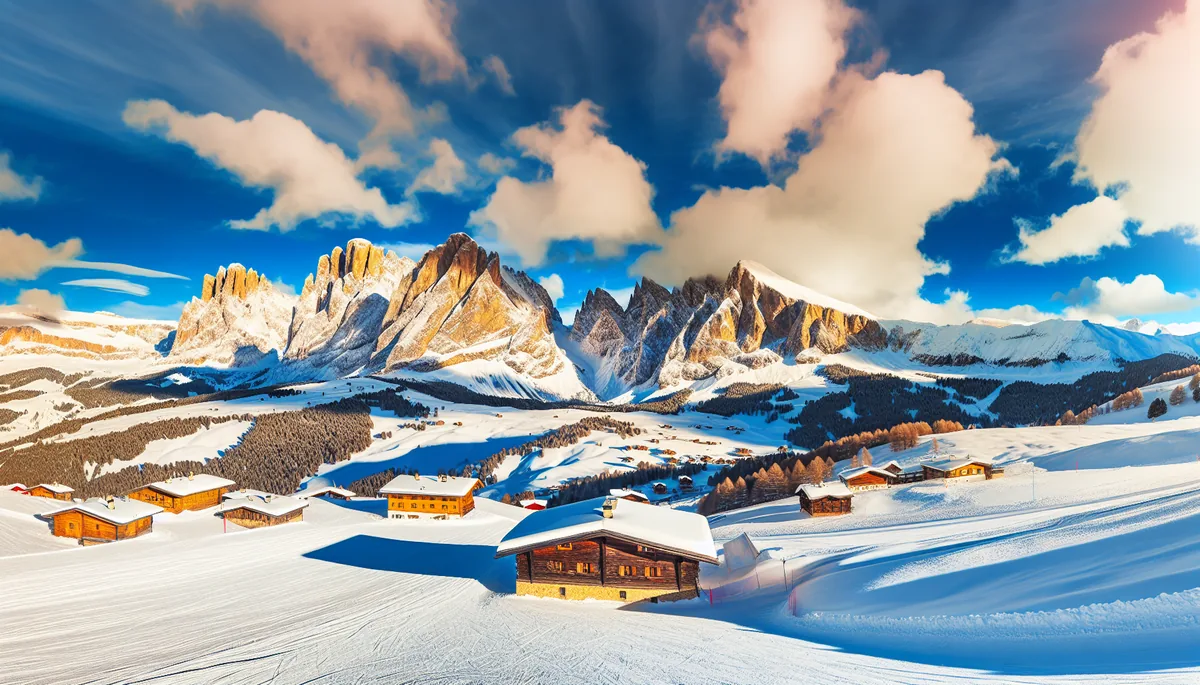 Stunning Alpine mountain landscape with snow-covered peaks, ski slopes, and traditional chalets in the valley during golden hour