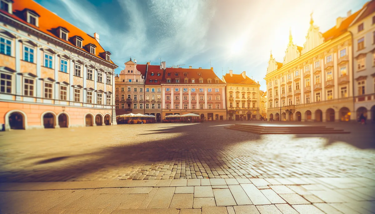 A picturesque European city square with historic buildings, cobblestone streets, and warm afternoon lighting, representing travel connectivity and urban exploration