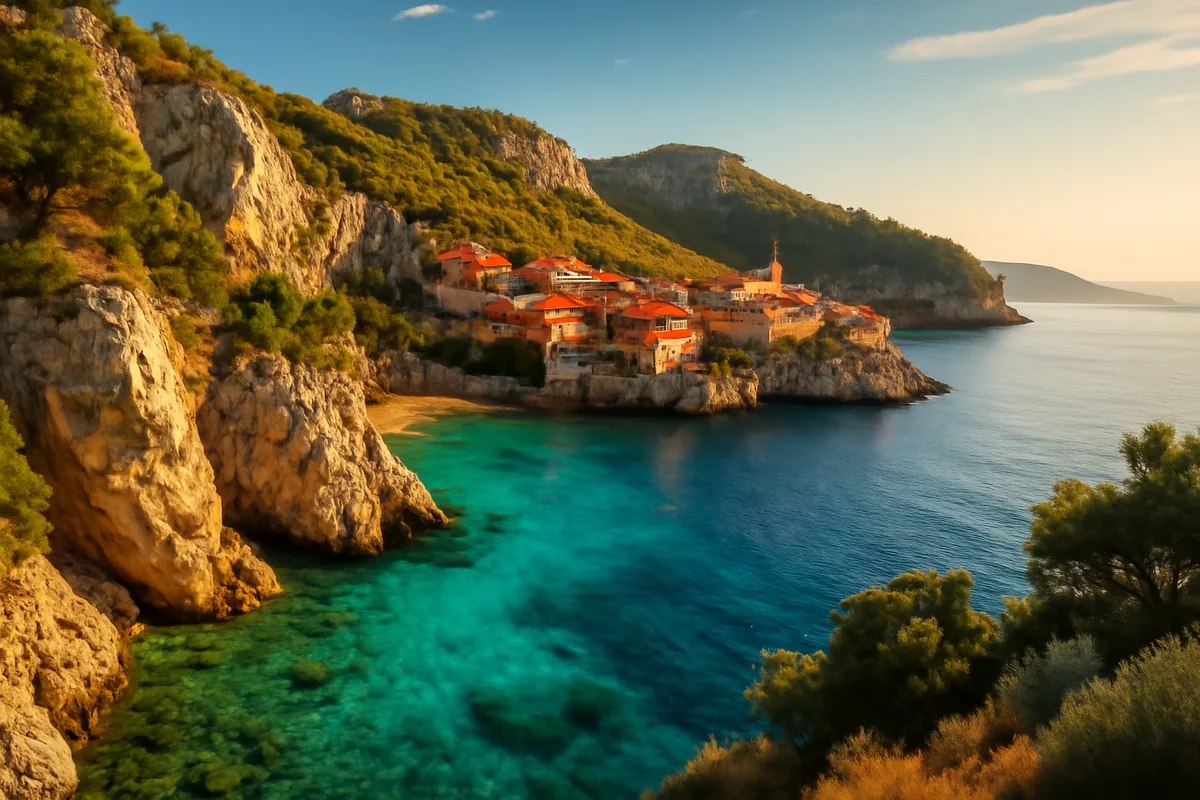 Panoramic view of Montenegro's Adriatic coastline featuring turquoise waters, dramatic limestone cliffs, and a traditional village with terracotta rooftops bathed in golden hour light.