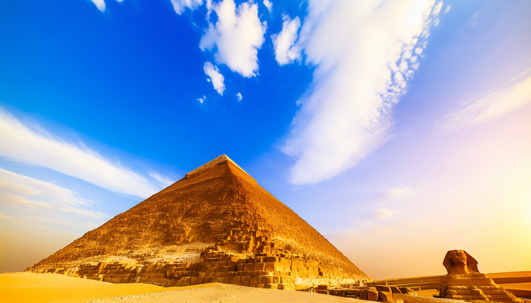 The Great Pyramid of Giza illuminated by golden hour sunlight against a clear blue sky with desert landscape