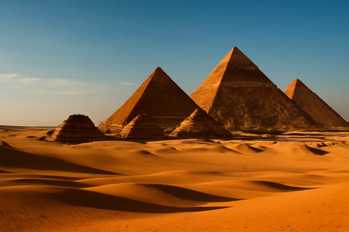 The pyramids of Giza bathed in warm golden afternoon light, surrounded by sweeping desert sands under a clear blue sky in Egypt.