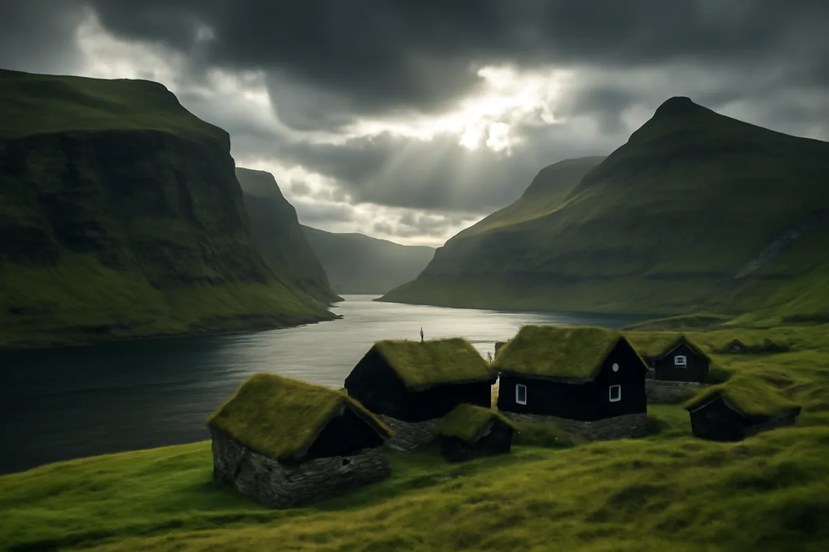 Dramatic landscape view of Faroe Islands featuring steep grass-covered cliffs, traditional houses with turf roofs nestled in a valley, and dramatic cloudy sky with sunbeams