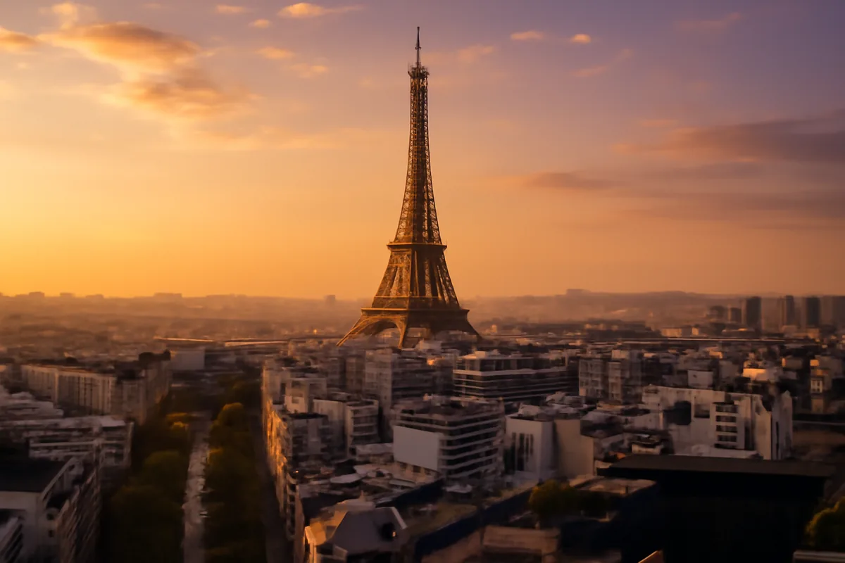 Panoramic view of Paris at golden hour with the Eiffel Tower prominent against a warm amber and violet sky, classic Haussmann rooftops in the foreground