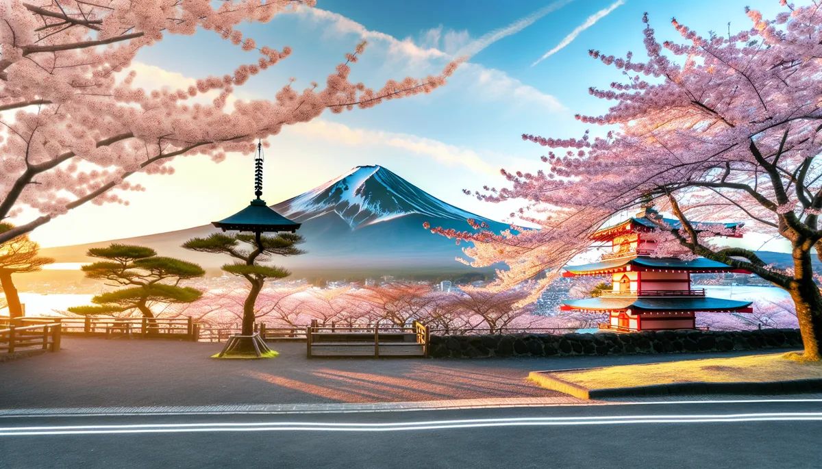 Mount Fuji at sunrise with cherry blossom trees in bloom and a traditional Japanese pagoda, captured in soft morning light with pink sakura petals