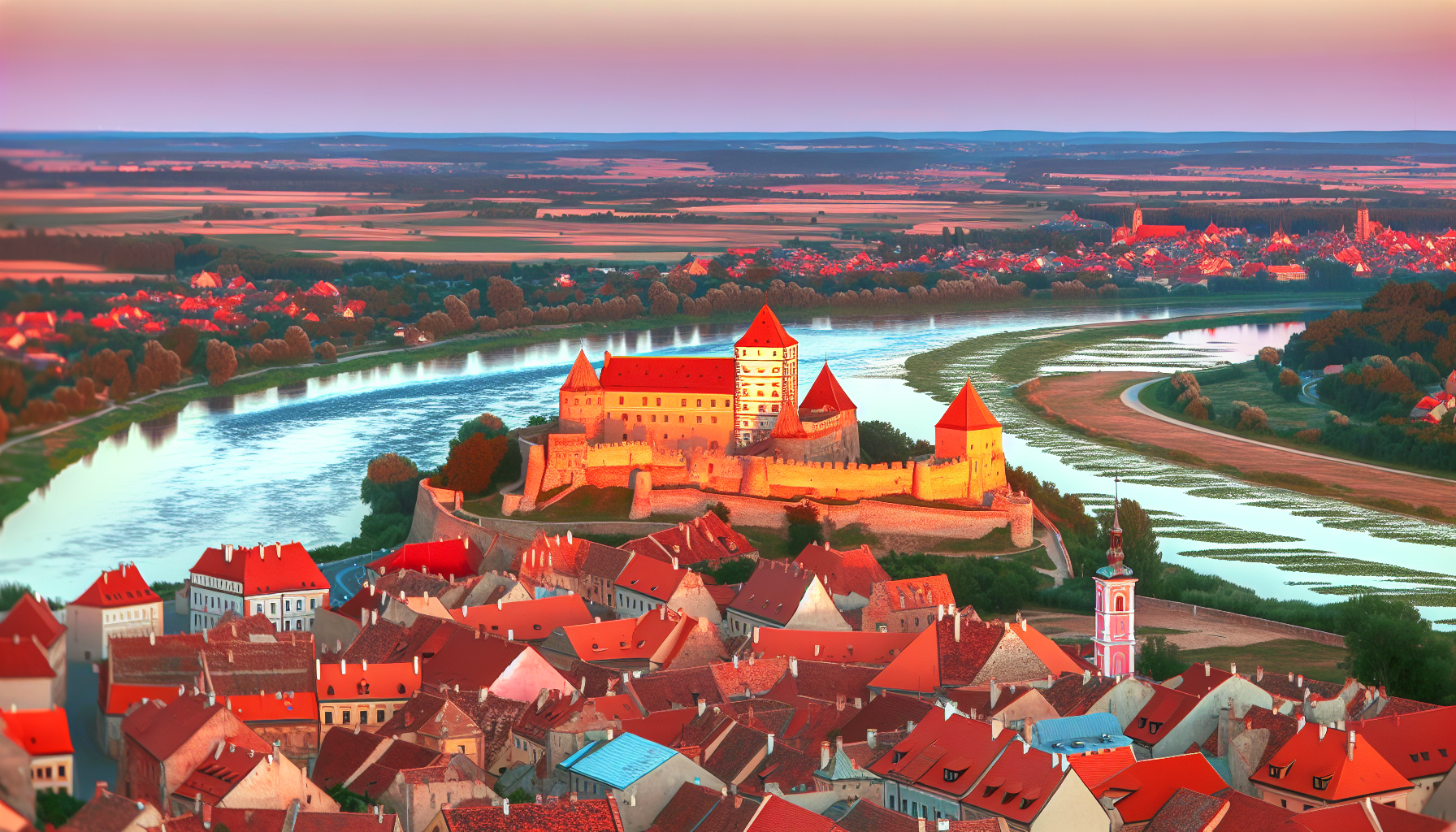 Panoramic view of Bratislava Castle and historic city center overlooking the Danube River during golden hour