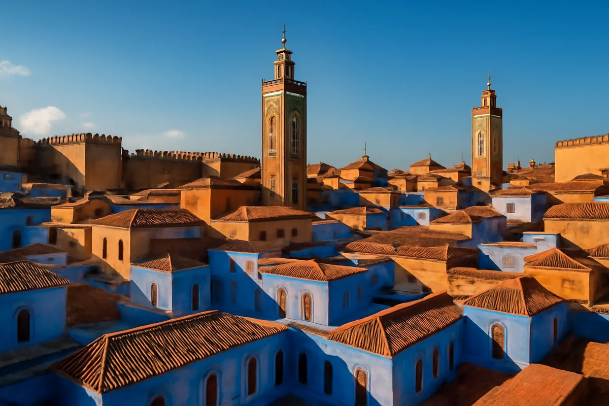 Panoramic view of a traditional Moroccan medina with blue and terracotta buildings, ancient minarets, and warm golden light over rooftops