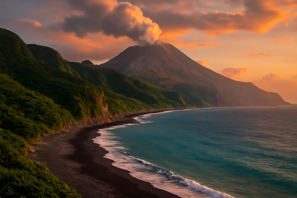 Stunning aerial view of Montserrat's volcanic landscape with black sand beaches, emerald green mountains, and turquoise Caribbean waters under a golden sunset sky
