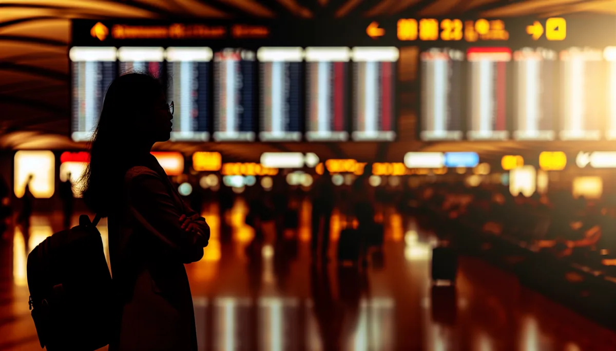 Silhouette of a traveler standing in a busy airport terminal with blurred departure boards in the background, conveying travel connectivity challenges
