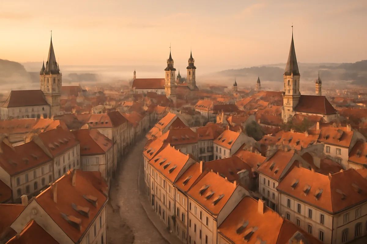 Aerial panoramic view of a historic Central European city at golden hour, featuring red-roofed buildings, church spires, and cobblestone streets bathed in warm amber light