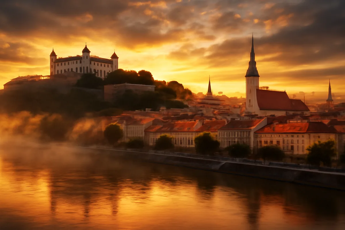 Panoramic golden hour view of Bratislava's historic old town skyline with the castle perched on a hill, terracotta rooftops, and the Danube river reflecting warm amber light