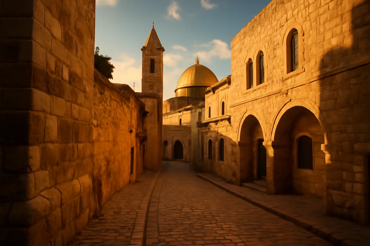 Ancient stone walls and cobblestone streets of Jerusalem's Old City bathed in warm golden sunlight