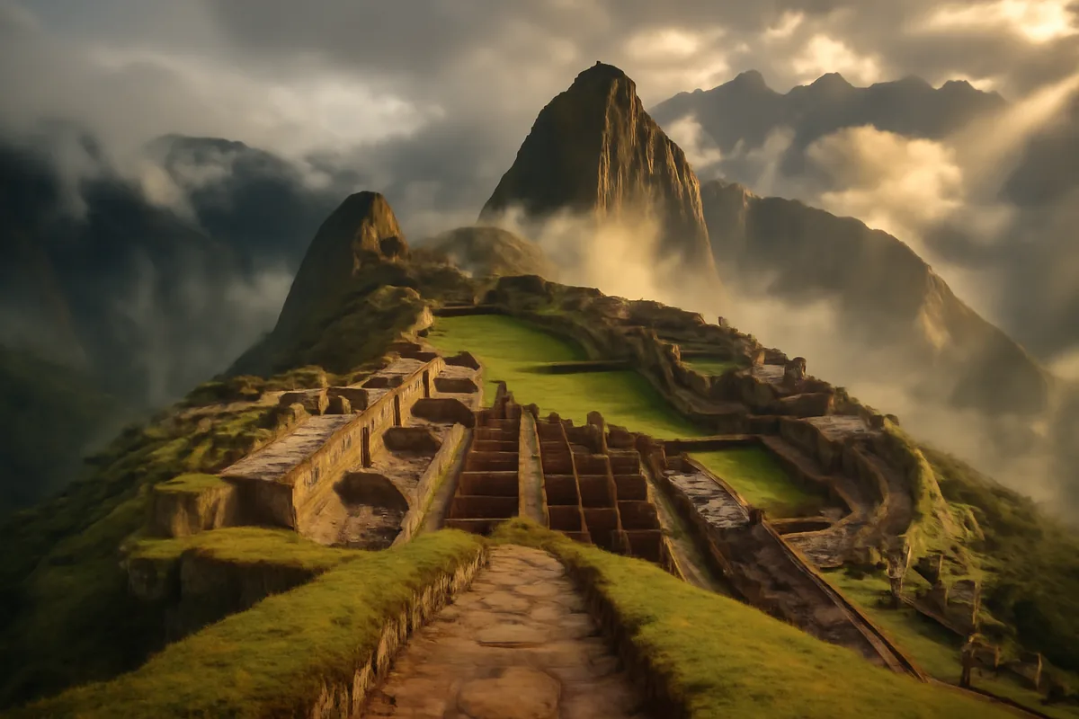 Machu Picchu ancient Incan citadel surrounded by misty Andean mountains with golden morning light illuminating stone terraces and lush green slopes in Peru