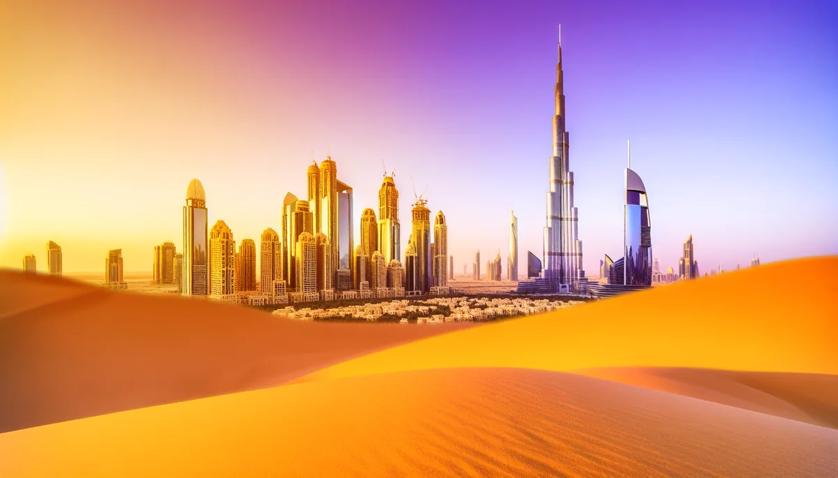 Dubai skyline at sunset featuring the Burj Khalifa and modern skyscrapers rising from golden desert dunes