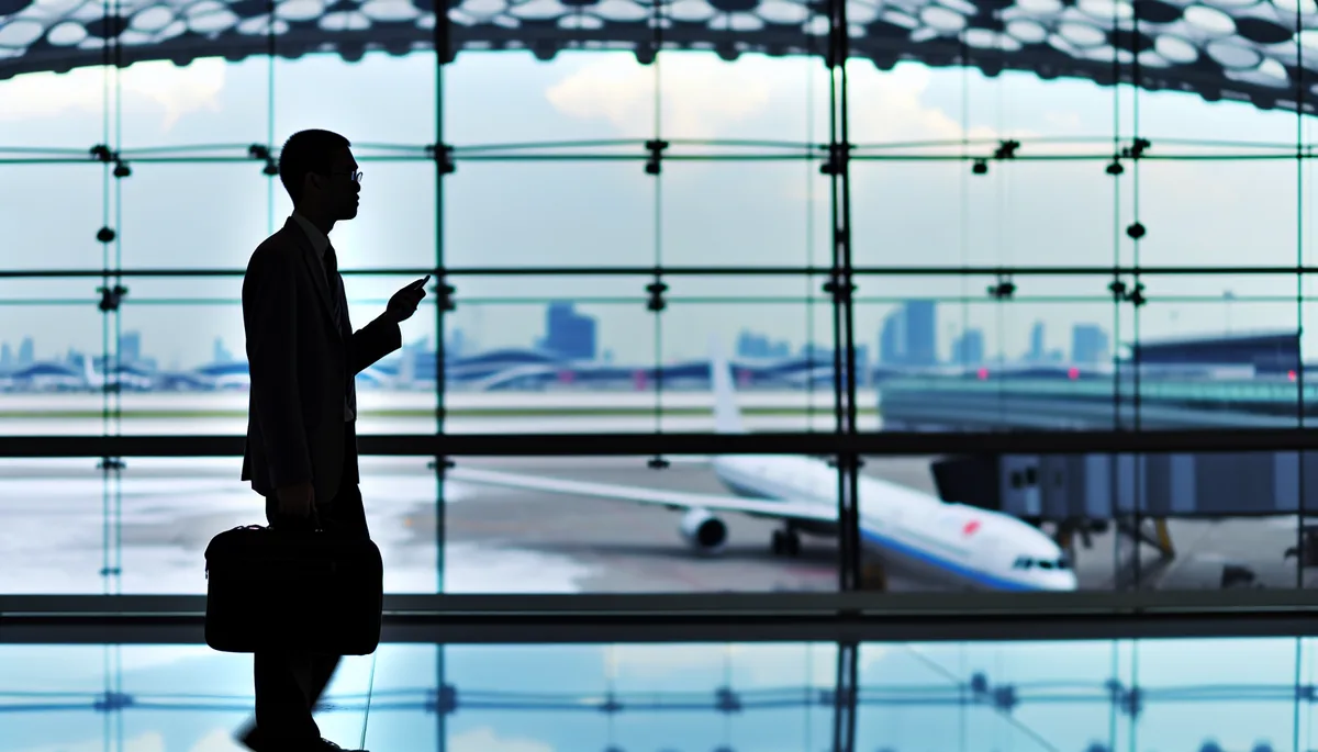 Silhouette of a traveler standing at an airport terminal window looking out at planes on the tarmac under overcast skies