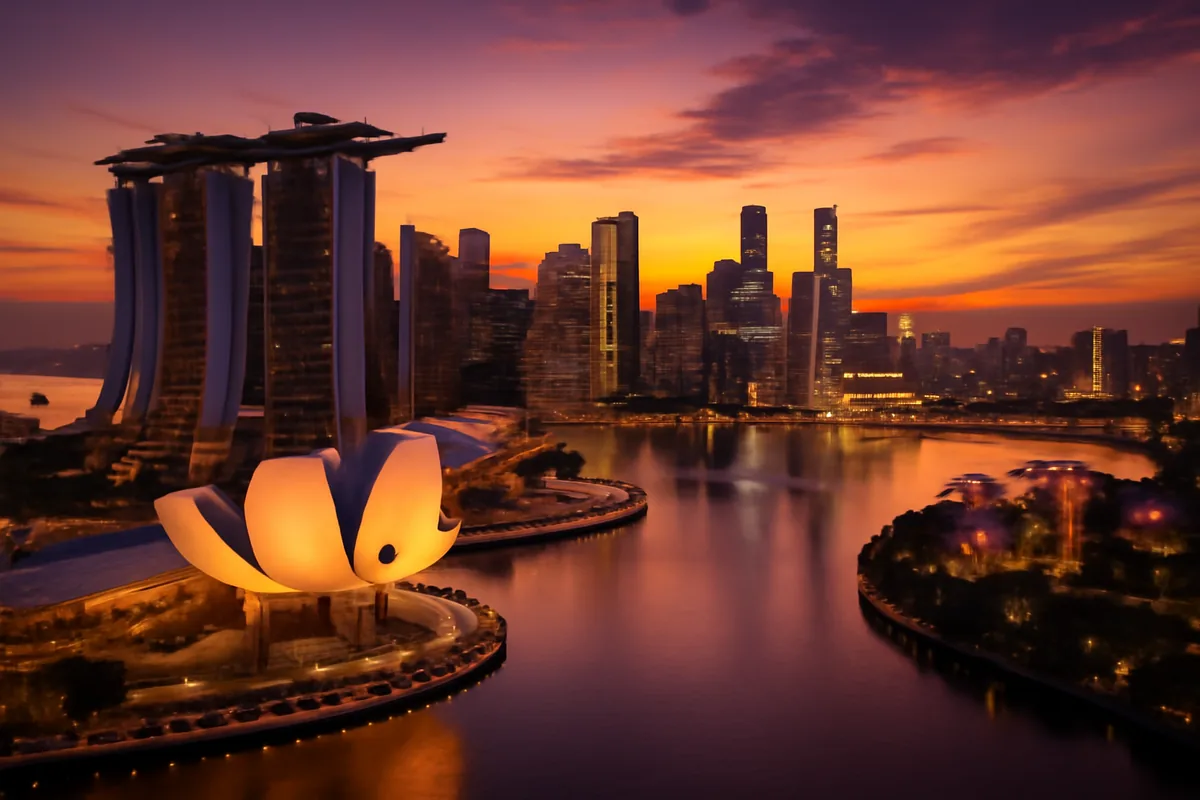 Aerial panoramic view of Singapore's Marina Bay skyline at golden hour, with the ArtScience Museum, supertrees of Gardens by the Bay, and city lights reflecting on the calm harbor waters.
