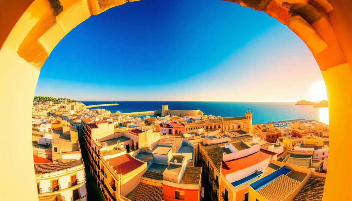 Picturesque Spanish coastal town with traditional colorful buildings, terracotta rooftops, and Mediterranean sea view during golden hour