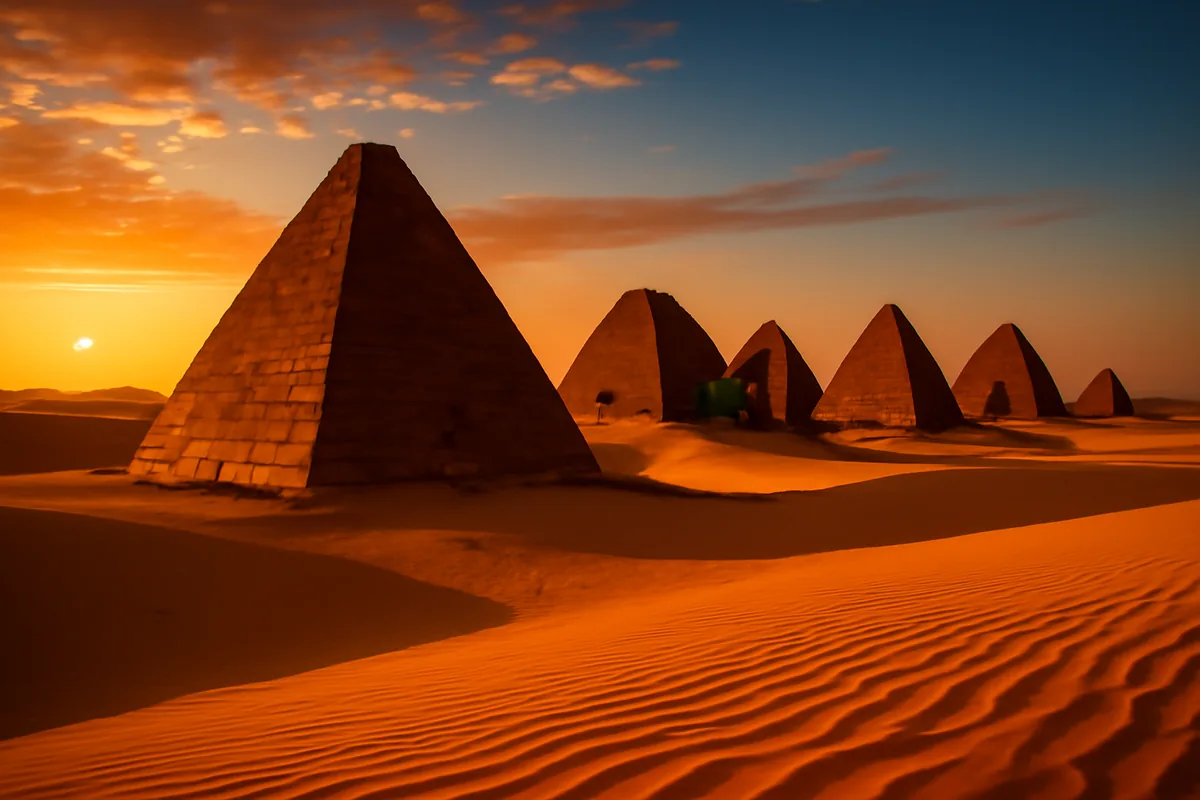 Ancient pyramids in the Sudanese desert at sunset with golden sand dunes and dramatic lighting