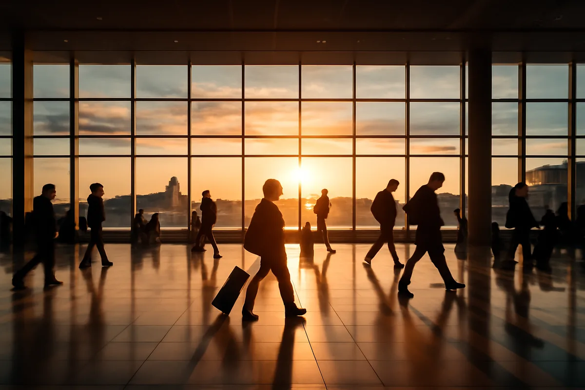 A spacious international airport terminal bathed in golden hour light, with silhouetted travelers walking through the hall and planes visible through large panoramic windows on the tarmac outside.