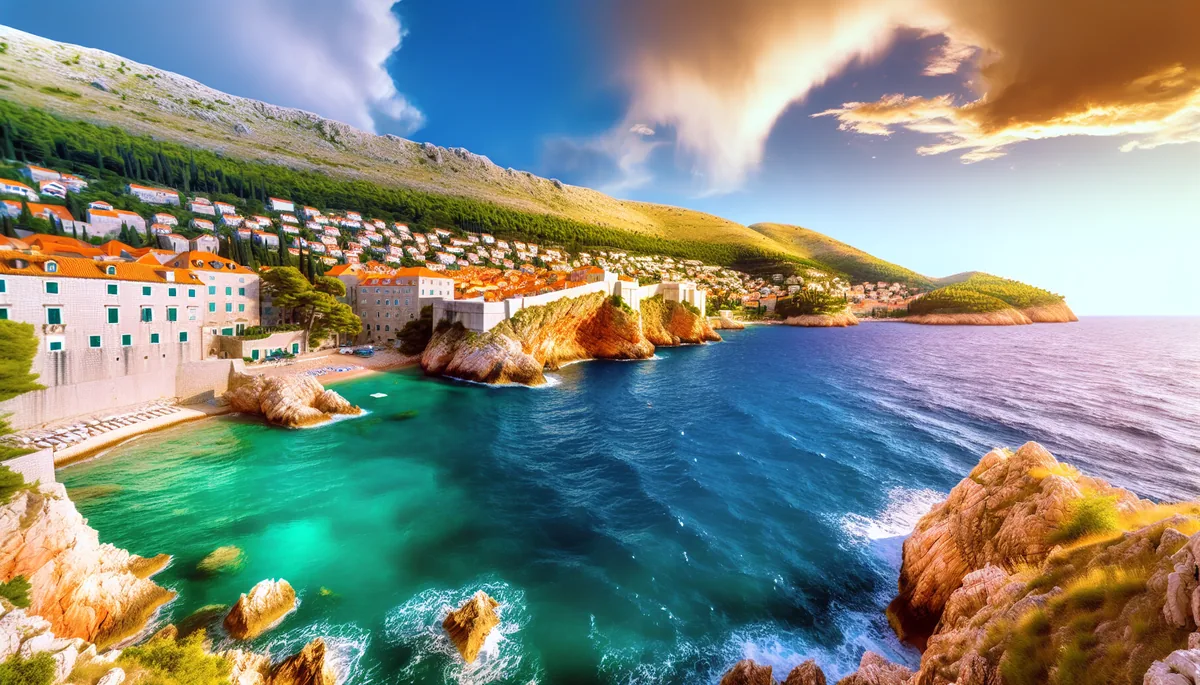 Aerial view of Croatian coastal town with red-tiled rooftops overlooking the turquoise Adriatic Sea at golden hour