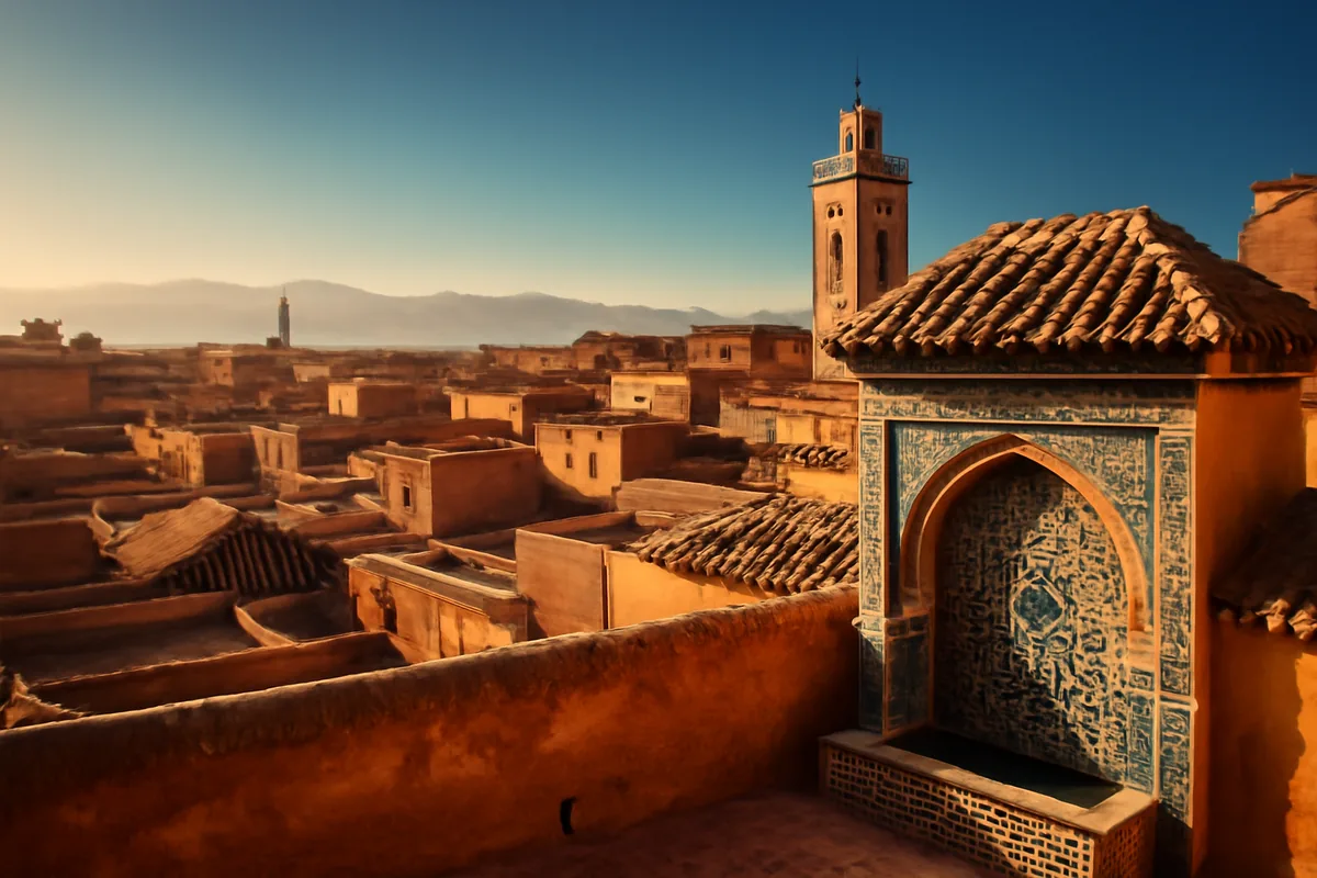 A panoramic view of a traditional Moroccan medina with terracotta rooftops, a decorative mosaic fountain, and a minaret silhouetted against a warm golden sky with the Atlas Mountains in the background.