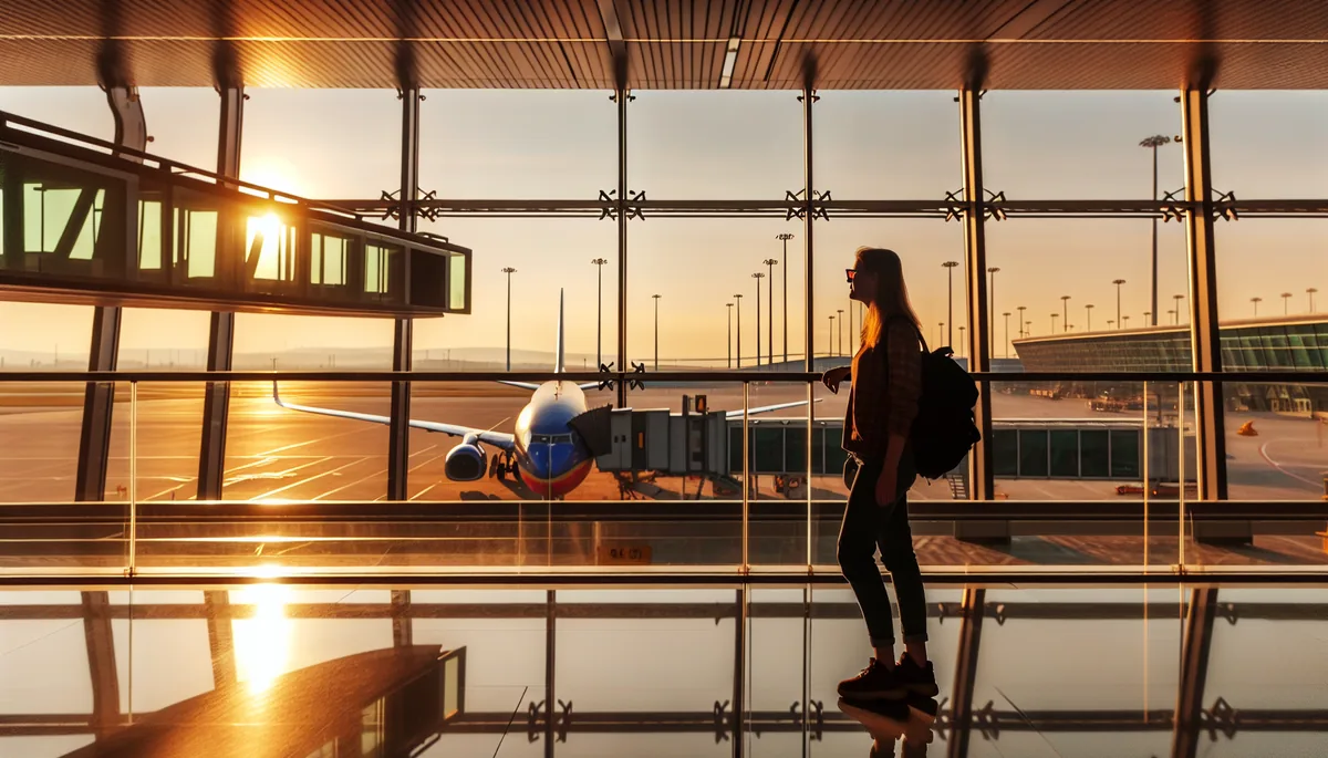Silhouette of a traveler at an airport terminal window during golden hour, with planes visible on the tarmac outside