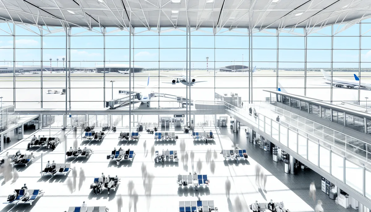 Modern European airport terminal with travelers walking through spacious corridors, large windows revealing aircraft on the tarmac outside