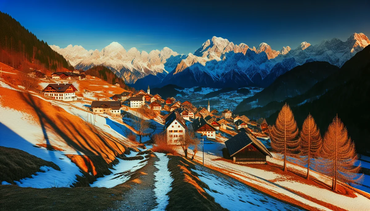 Scenic alpine village nestled in a mountain valley with snow-capped peaks in the background during golden hour