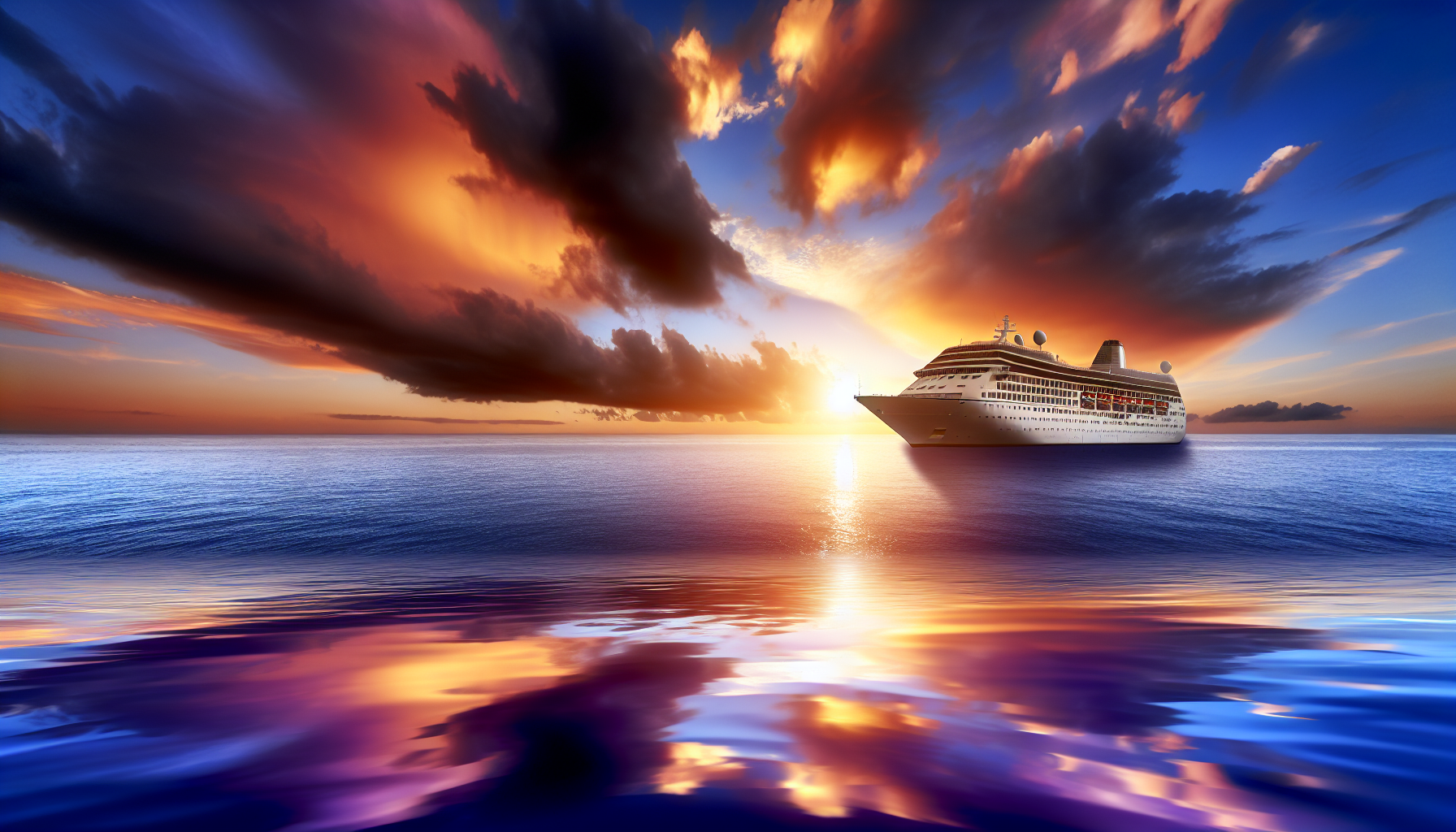 Elegant cruise ship sailing on calm ocean waters during a dramatic sunset with colorful sky reflections