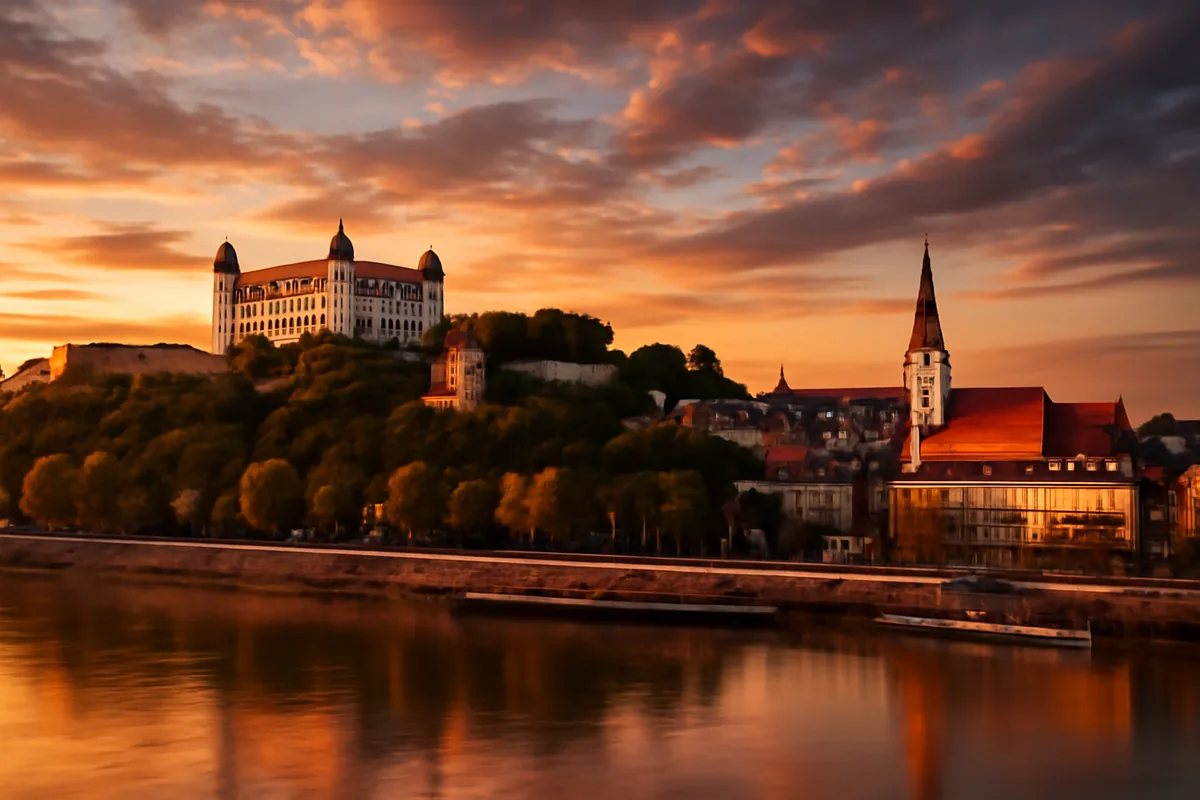 Panoramic golden hour view of Bratislava's historic old town skyline with Bratislava Castle overlooking the Danube River, warm amber light reflecting on the water