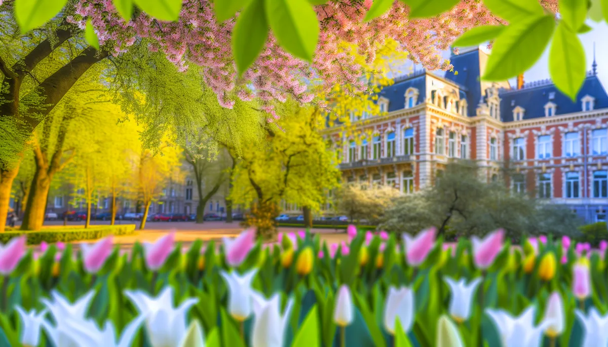 Beautiful spring scene with blooming flowers and trees in a European city park, showcasing the perfect spring travel weather with soft morning light