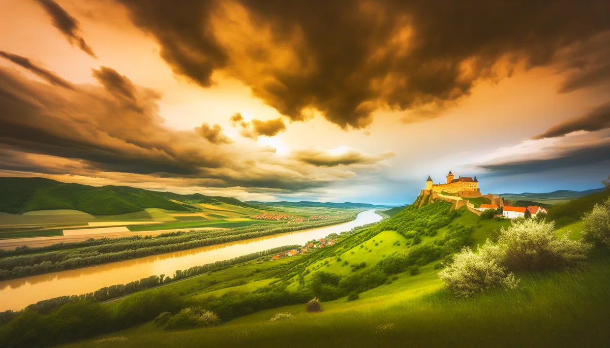 Majestic Slovak castle on a hill overlooking the Danube River with dramatic golden hour lighting and rolling countryside