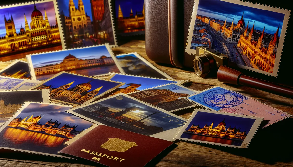 European travel scene with passport stamps on wooden table overlooking a panoramic cityscape featuring diverse European architectural landmarks