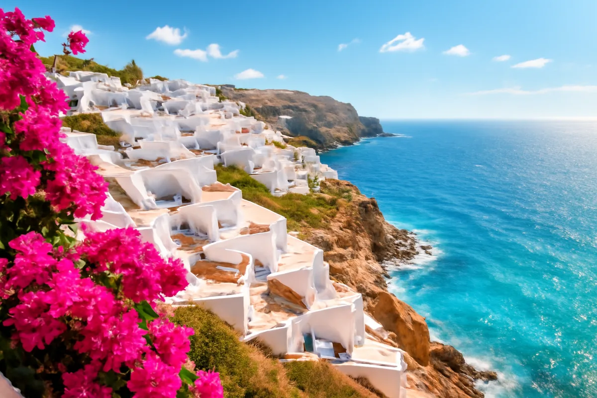 A stunning panoramic view of a white-washed Mediterranean coastal village perched on sun-drenched cliffs above turquoise waters, surrounded by colorful bougainvillea in bright summer light