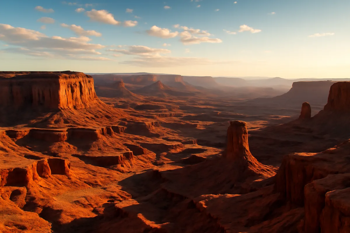 Panoramic view of dramatic red rock canyon formations in the American Southwest bathed in warm golden hour light, with layered desert mesas stretching into the horizon under a vivid blue sky.