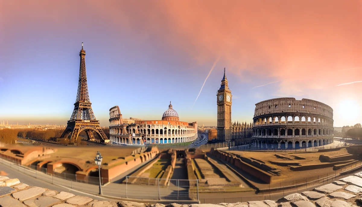 Panoramic European landscape featuring famous landmarks from multiple countries under golden hour lighting