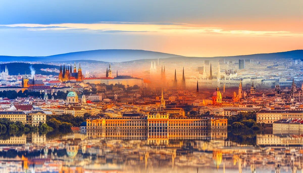 Panoramic view showing iconic European landmarks from Prague, Vienna, and Budapest blending together in a golden hour skyline, representing international travel across multiple countries