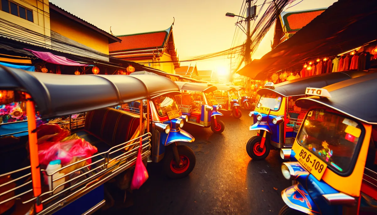 Vibrant Bangkok street scene at sunset with colorful tuk-tuks, street vendors, and traditional Thai architecture bathed in warm golden light