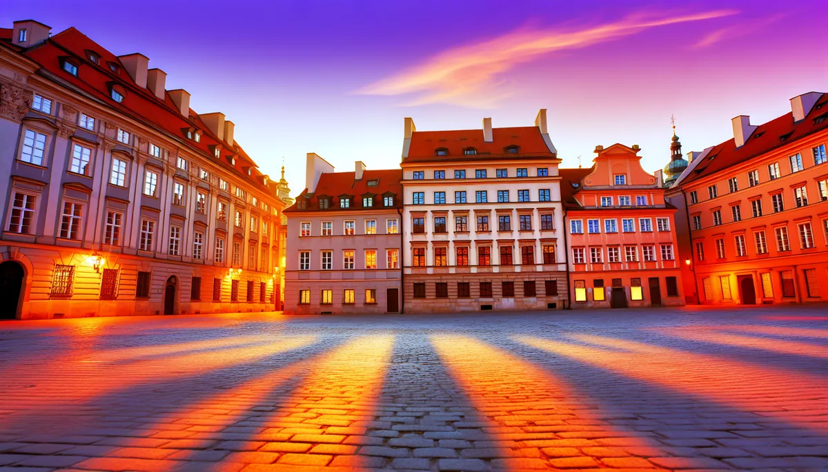 Golden hour view of a European city with historic and modern architecture under a colorful sunset sky