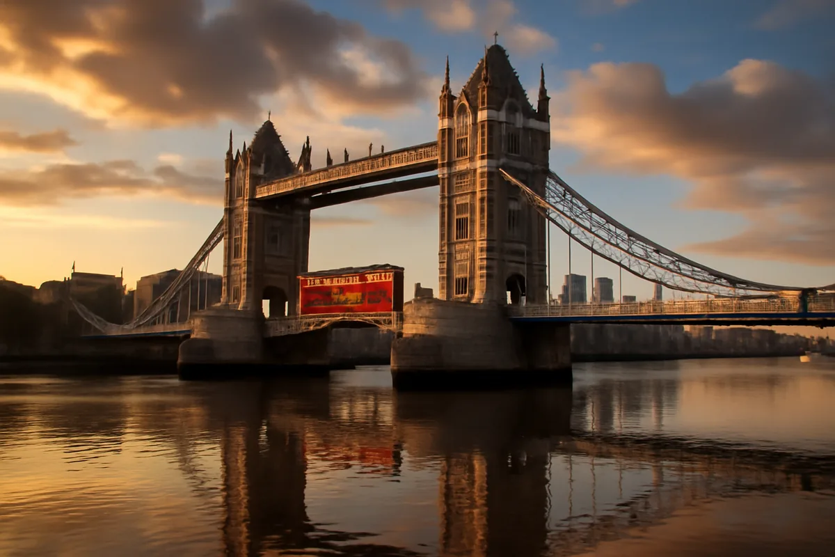 A classic red double-decker bus crossing Tower Bridge in London at golden hour, with the Thames River reflecting warm amber light and the city skyline in the background.