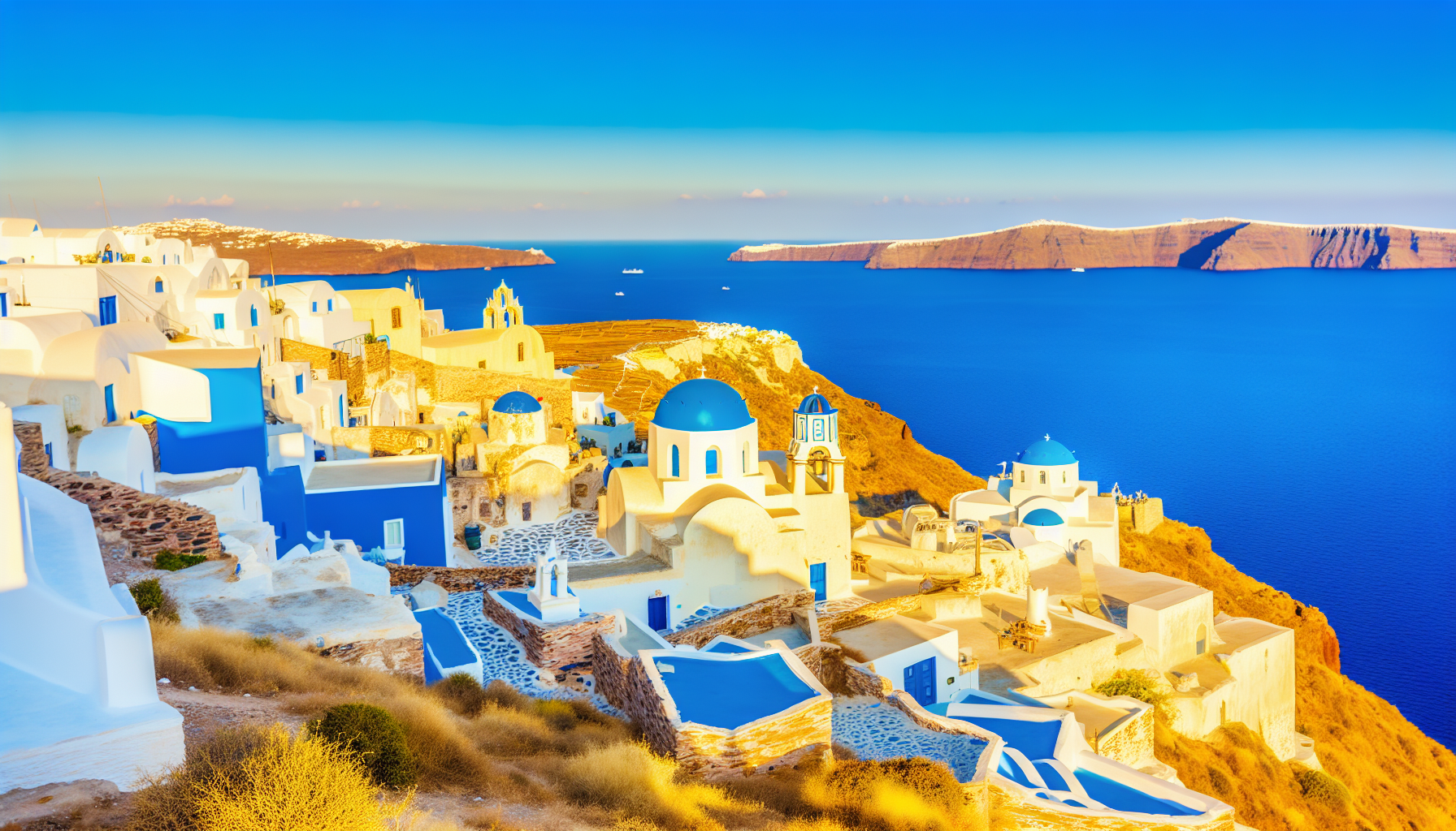 Stunning view of traditional Greek island architecture with white buildings and blue domed churches perched on a cliff overlooking the brilliant blue Aegean Sea