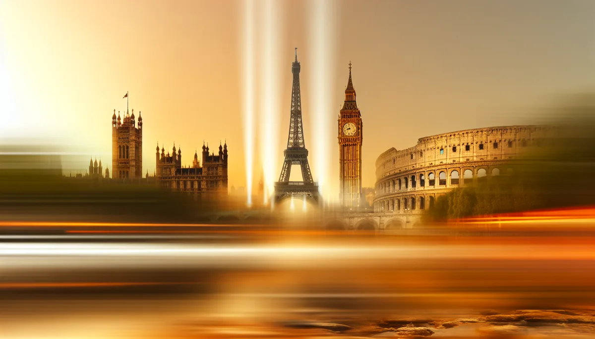 Panoramic view of famous European landmarks including the Eiffel Tower, Big Ben, and Colosseum in golden hour lighting
